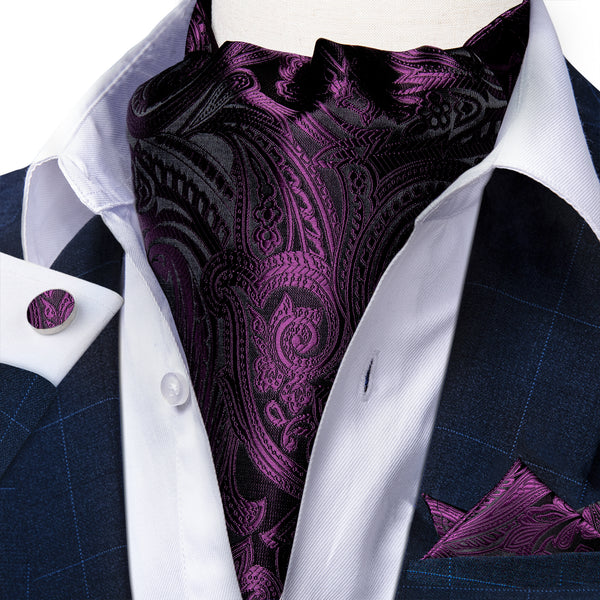 Purple Black Paisley Ascot Cravat Tie Pocket Square Cufflinks Set