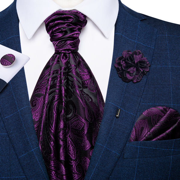 Purple Black Paisley Ascot Cravat Tie Pocket Square Cufflinks Set with Lapel Pin
