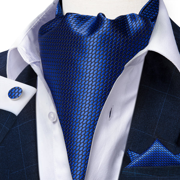 Dark Blue Polka Dot Ascot Cravat Tie Pocket Square Cufflinks Set