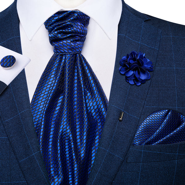 Dark Blue Polka Dot Ascot Cravat Tie Pocket Square Cufflinks Set with Lapel Pin
