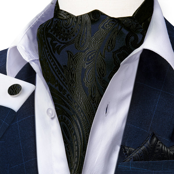 Black Paisley Ascot Cravat Tie Pocket Square Cufflinks Set