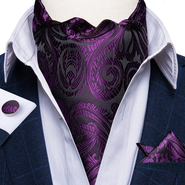 Ties2you Black Tie Purple Paisley Ascot Cravat Tie Pocket Square Cufflinks Set Fashion