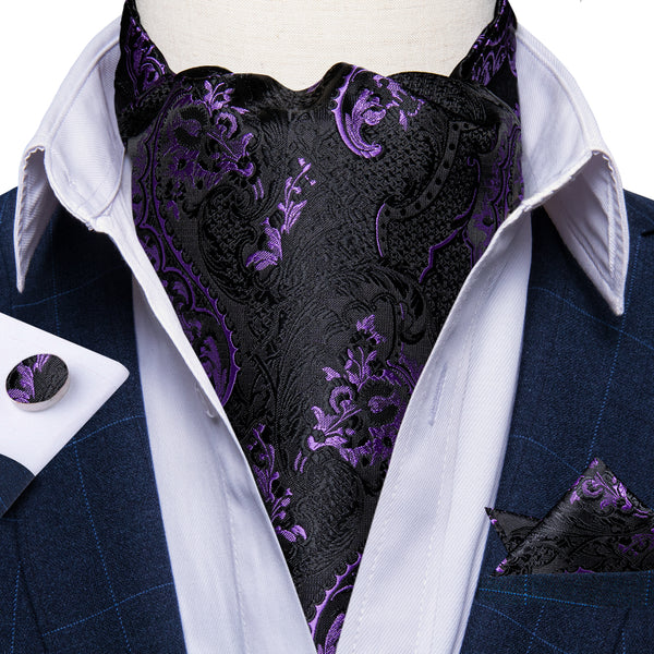 Black Purple Paisley Ascot Cravat Tie Pocket Square Cufflinks Set