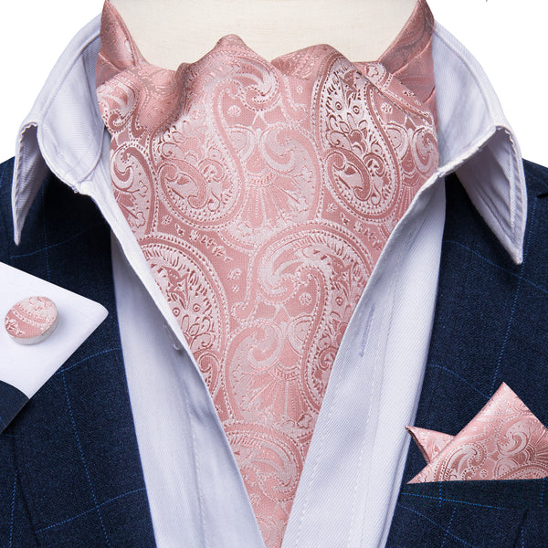Baby Pink Paisley Ascot Cravat Tie Pocket Square Cufflinks Set