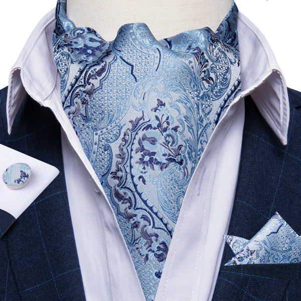 Baby Blue Paisley Ascot Cravat Tie Pocket Square Cufflinks Set