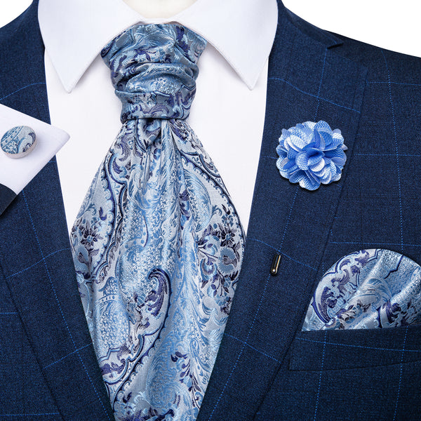 Baby Blue Paisley Ascot Cravat Tie Pocket Square Cufflinks Set with Lapel Pin