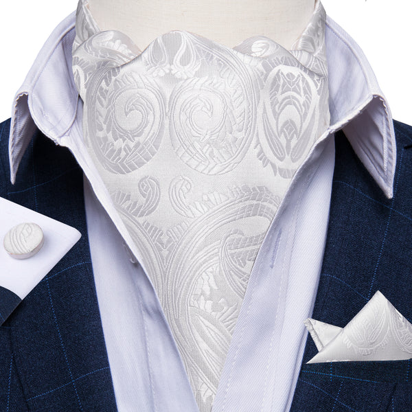 Pure White Paisley Ascot Cravat Tie Pocket Square Cufflinks Set