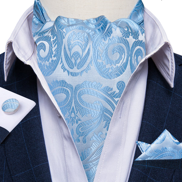 Baby Blue Paisley Ascot Cravat Tie Pocket Square Cufflinks Set