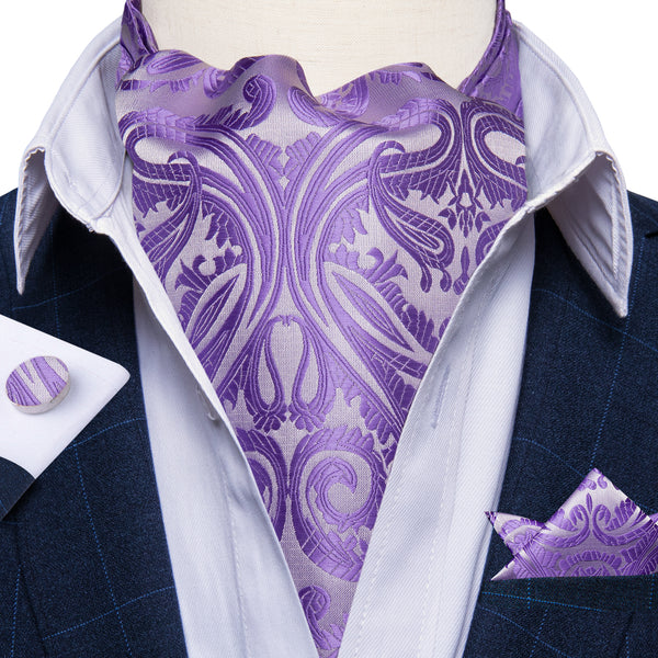 Silver Purple Paisley Ascot Cravat Tie Pocket Square Cufflinks Set