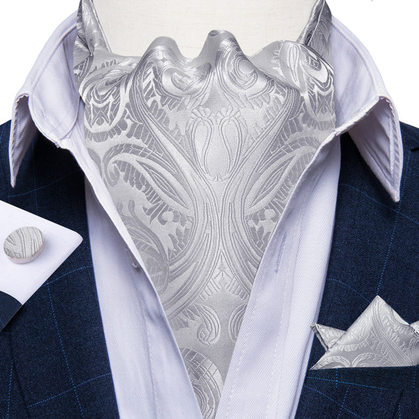 Silver Grey Paisley Ascot Cravat Tie Pocket Square Cufflinks Set