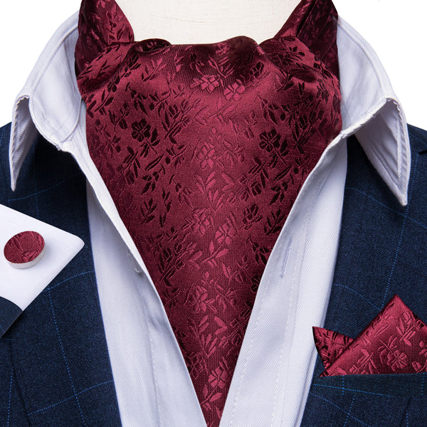 Red Flower Silk Cravat Woven Ascot Tie Pocket Square Cufflinks Set
