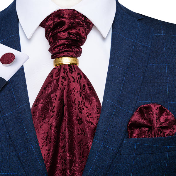 Red Flower Silk Cravat Woven Ascot Tie Pocket Square Cufflinks Set with Tie Ring