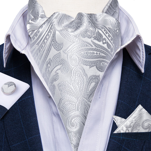 Ties2you Floral Silver Ascot Tie Silk Cravat Woven Ascot Tie Pocket Square Cufflinks Set New Fashion