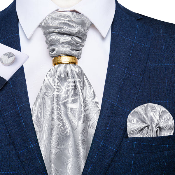 Silver Flower Silk Cravat Woven Ascot Tie Pocket Square Cufflinks Set with Tie Ring