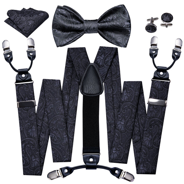 mens black grey paisley floral bowtie set with shirt suspenders for business shirt