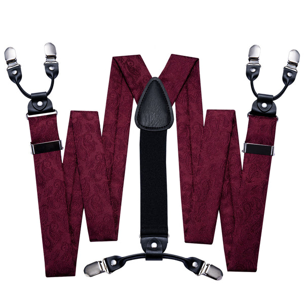 Burgundy Red Paisley Y Back Brace Clip-on Men's Suspender with Tie Set