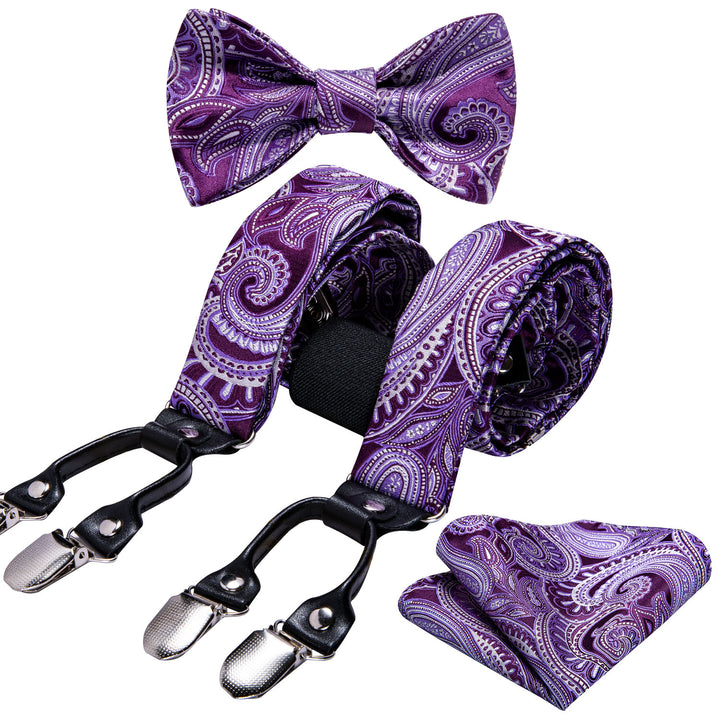 deep purple white paisley silk bowtie set and mens suspenders
