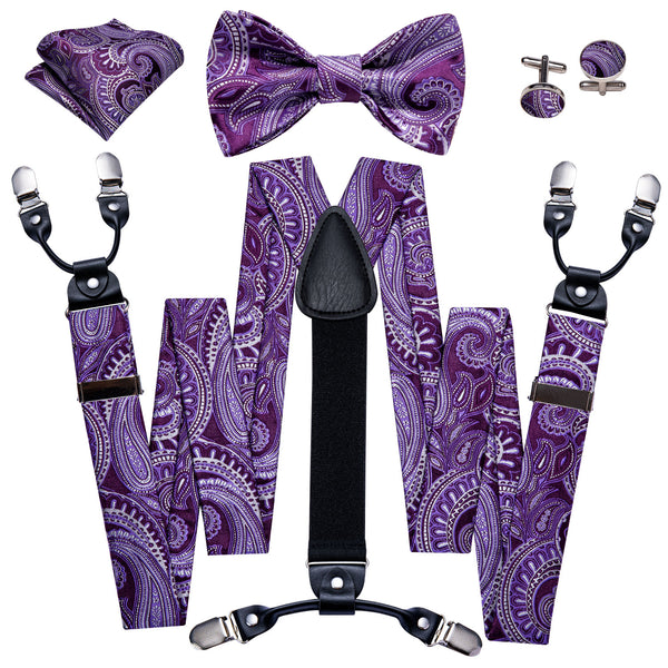 deep purple white paisley silk bowtie pocket square cufflinks set and mens suspenders