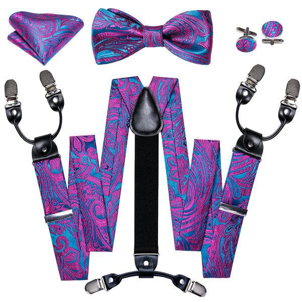 Purple Blue Paisley Y Back Brace Clip-on Men's Suspender with Bow Tie Set