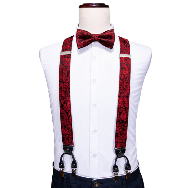 Black Red Paisley Brace Clip-on Men's Suspender with Bow Tie Set