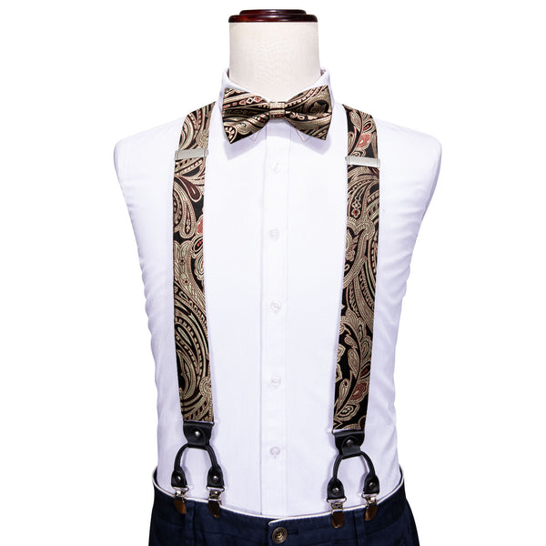 Black Champagne Paisley Brace Clip-on Men's Suspender with Bow Tie Set