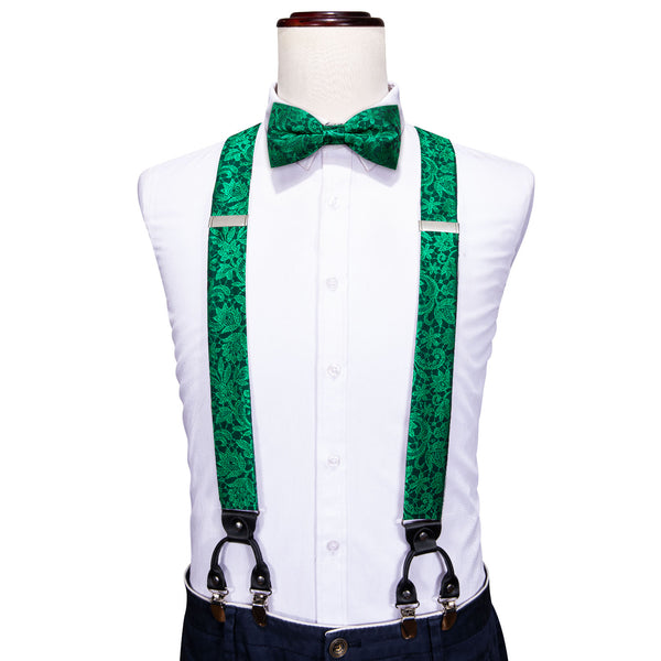 Green Floral Y Back Brace Clip-on Men's Suspender with Bow Tie Set