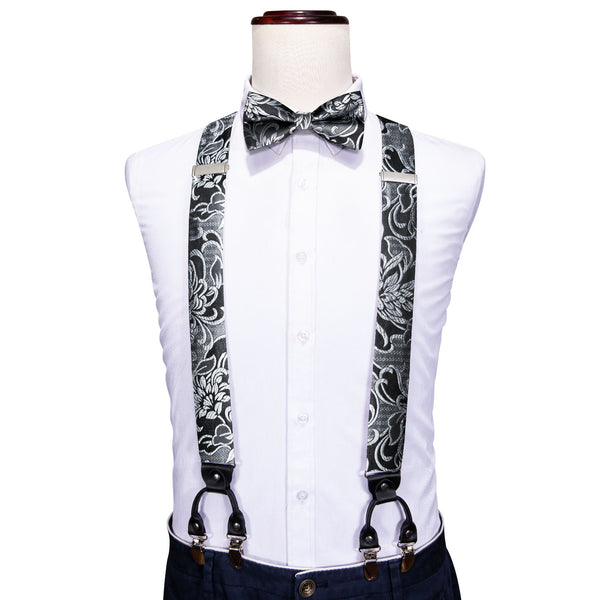Black Grey Floral Y Back Brace Clip-on Men's Suspender with Bow Tie Set