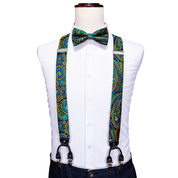 Green Yellow Paisley Y Back Brace Clip-on Men's Suspender with Bow Tie Set