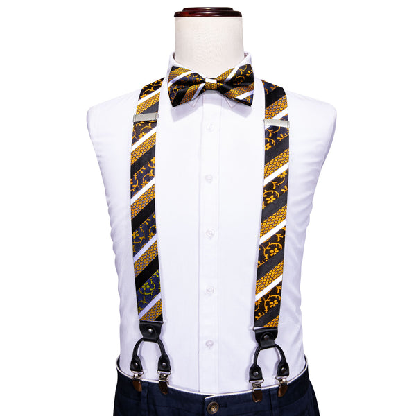 Golden Yellow Floral Y Back Brace Clip-on Men's Suspender with Bow Tie Set
