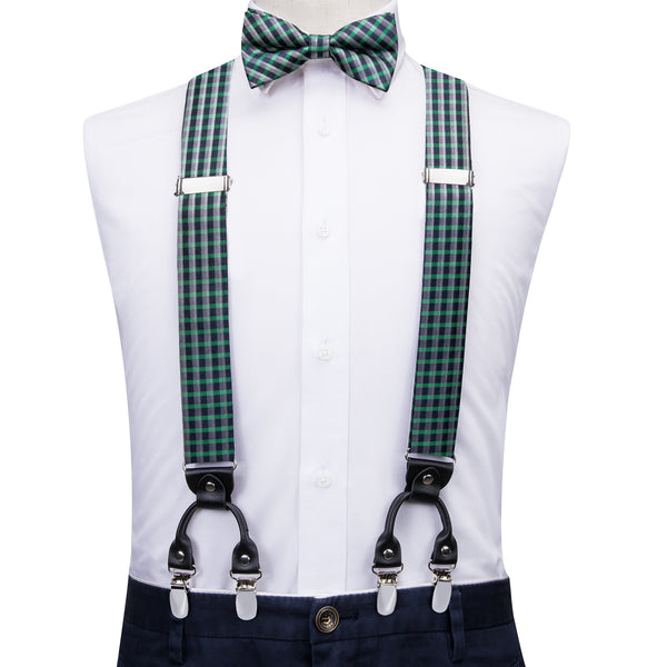 Green Plaid Y Back Brace Clip-on Men's Suspender with Bow Tie Set