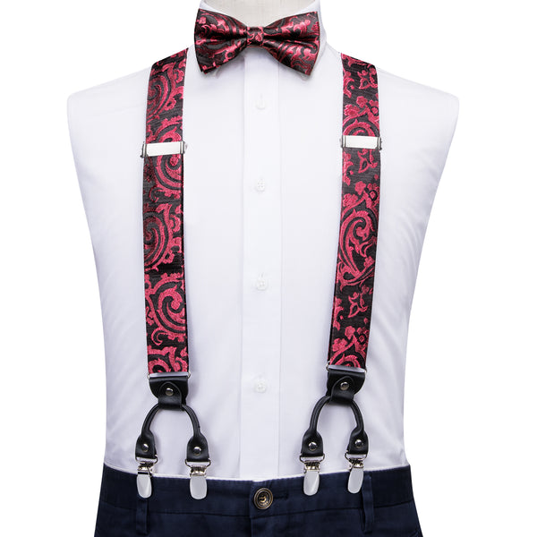 Black Red Floral Y Back Brace Clip-on Men's Suspender with Bow Tie Set