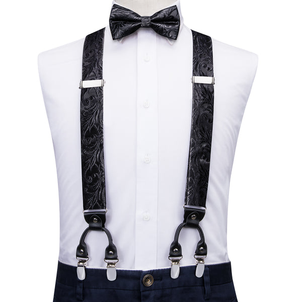 Black Floral Y Back Brace Clip-on Men's Suspender with Bow Tie Set