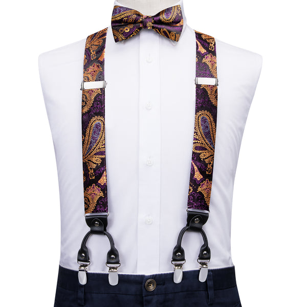 Purple Golden Paisley Y Back Brace Clip-on Men's Suspender with Bow Tie Set