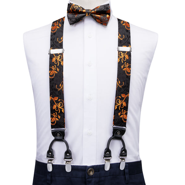 Golden Black Floral Y Back Brace Clip-on Men's Suspender with Bow Tie Set