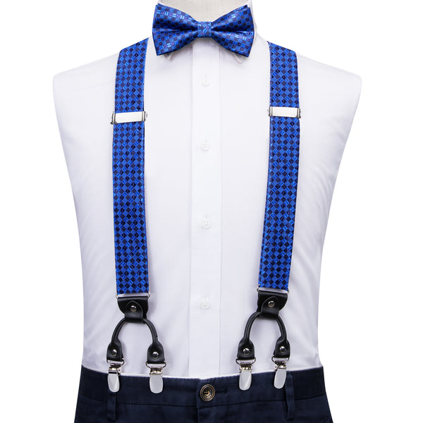 Royal Blue Plaid Y Back Brace Clip-on Men's Suspender with Bow Tie Set