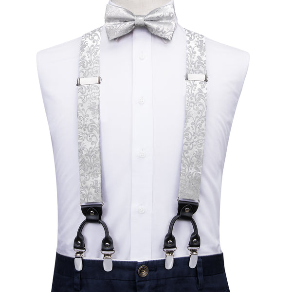 White Floral Y Back Brace Clip-on Men's Suspender with Bow Tie Set