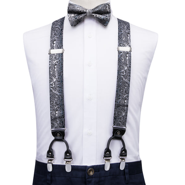 Gradient Grey Paisley Y Back Brace Clip-on Men's Suspender with Bow Tie Set