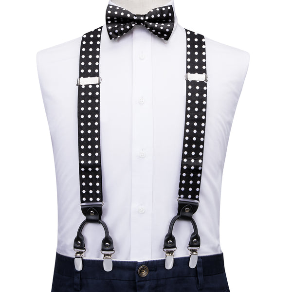 Black White Polka Dot Y Back Brace Clip-on Men's Suspender with Bow Tie Set