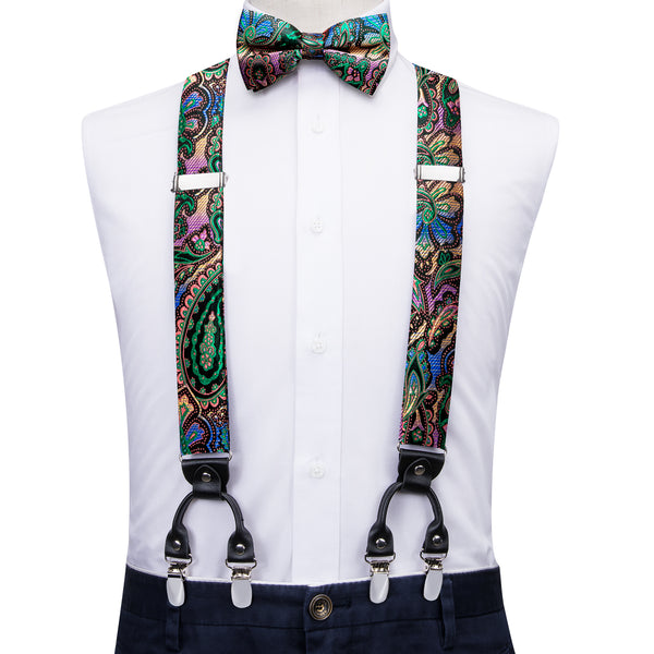 Green Pink Gradient Paisley Y Back Brace Clip-on Men's Suspender with Bow Tie Set