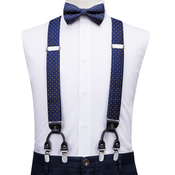 Blue Yellow Plaid Y Back Brace Clip-on Men's Suspender with Bow Tie Set