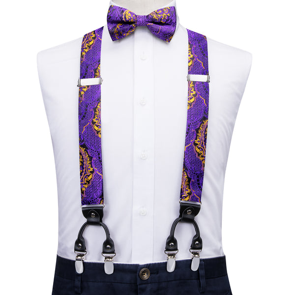 Purple Golden Paisley Y Back Brace Clip-on Men's Suspender with Bow Tie Set