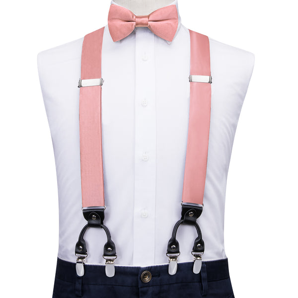 Pink Solid Y Back Brace Clip-on Men's Suspender with Bow Tie Set