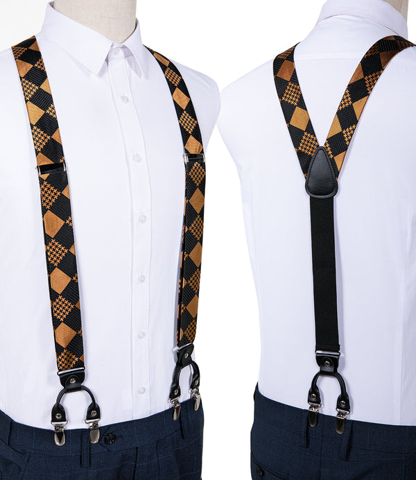 Black Golden Plaid Brace Clip-on Men's Suspender with Bow Tie Set