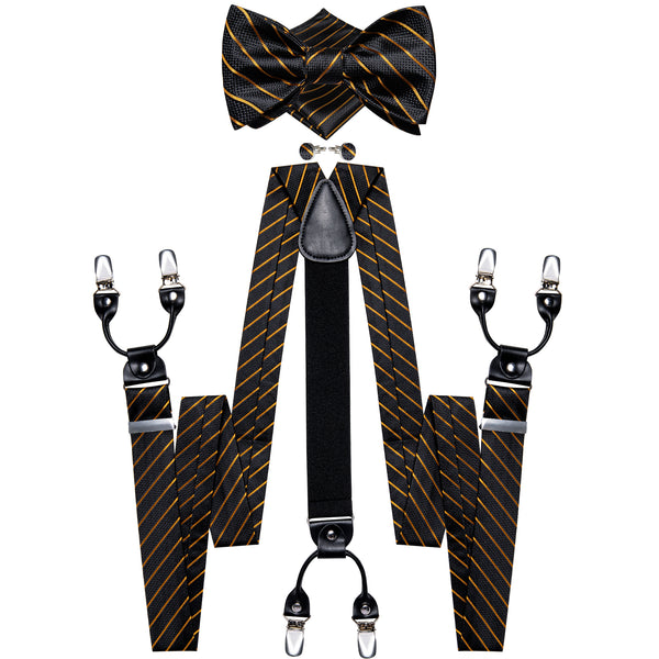 Black Golden Striped Y Back Brace Clip-on Men's Suspender with Bow Tie Set