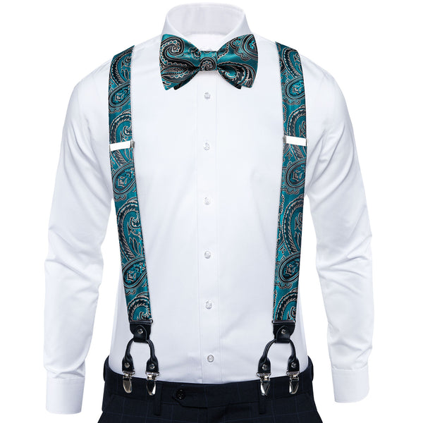 Lake Blue Black Paisley Y Back Brace Clip-on Men's Suspender with Bow Tie Set