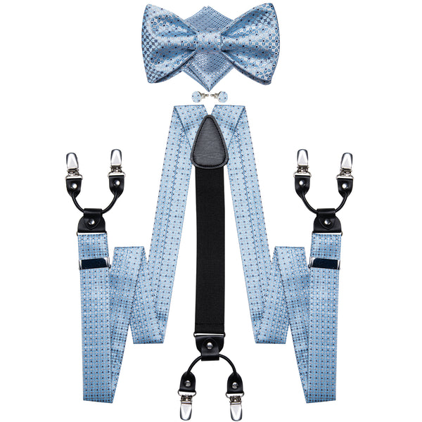 Sky Blue Plaid Y Back Brace Clip-on Men's Suspender with Bow Tie Set
