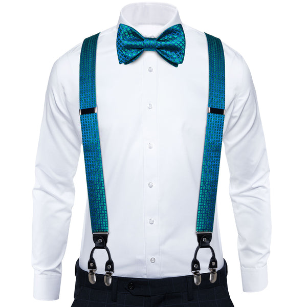 Shining Blue Green Plaid Y Back Brace Clip-on Men's Suspender with Bow Tie Set