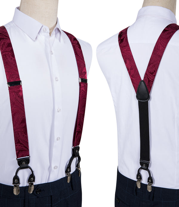 Ties2you Men's Suspender Burgundy Floral Brace Clip-On Suspender With Bow Tie Set