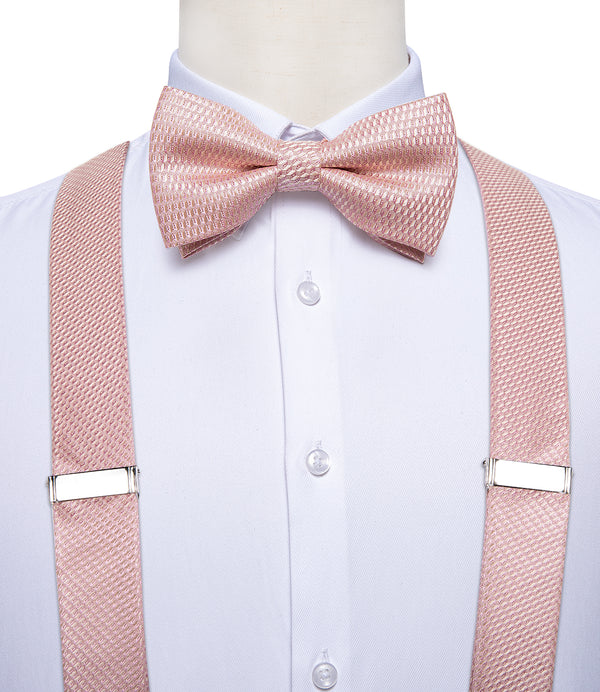 Baby Pink Plaid Brace Clip-on Men's Suspender with Bow Tie Set