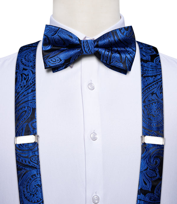 Black Blue Paisley Y Back Brace Clip-on Men's Suspender with Bow Tie Set